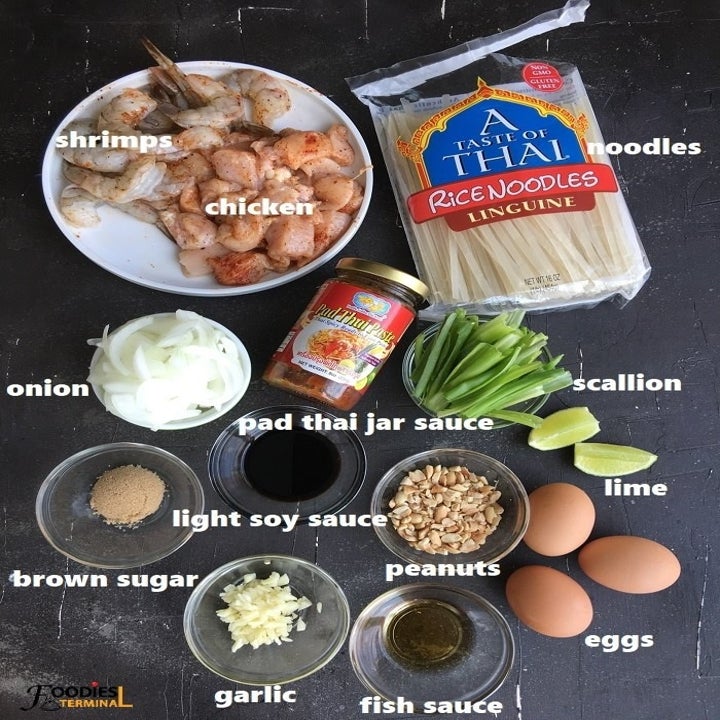 Pad Thai ingredients including shrimp, chicken, rice noodles, pad Thai sauce, eggs, peanuts, garlic, scallion, and more.