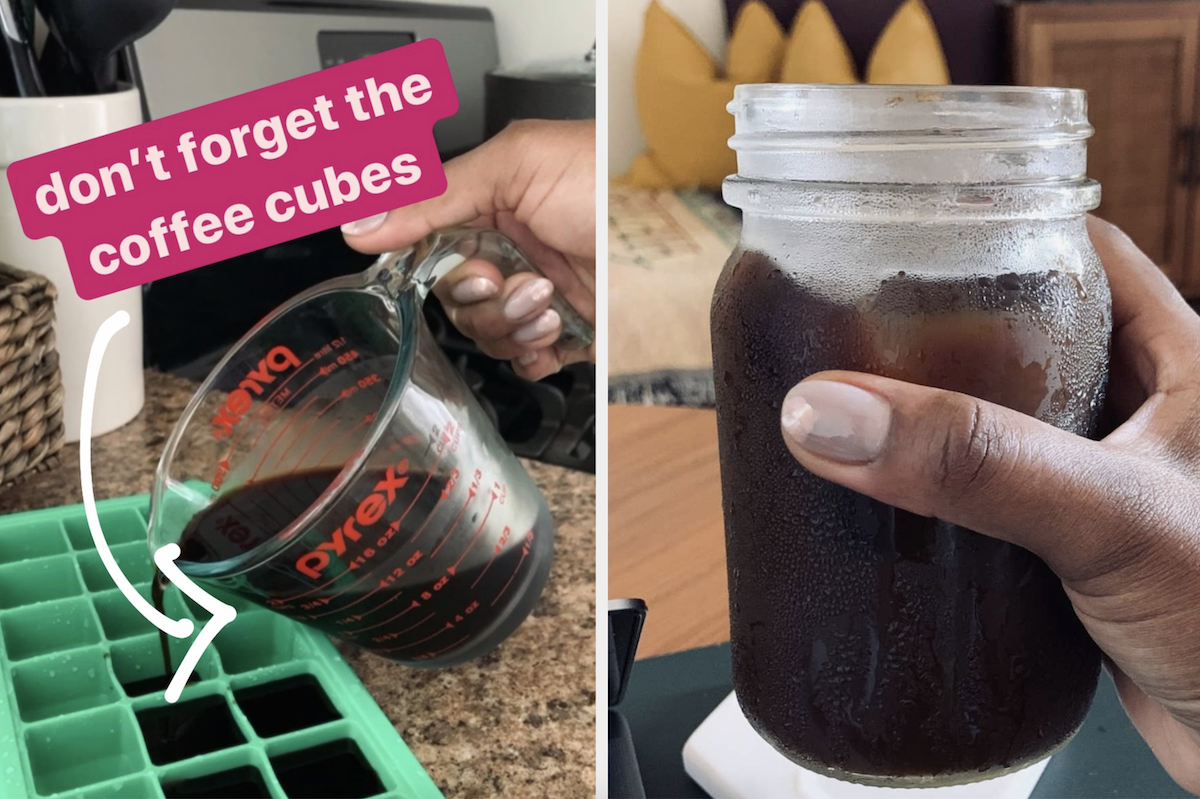 Iced coffee being poured into an ice cube tray to create ice cubes — and a finished cup of homemade iced coffee.