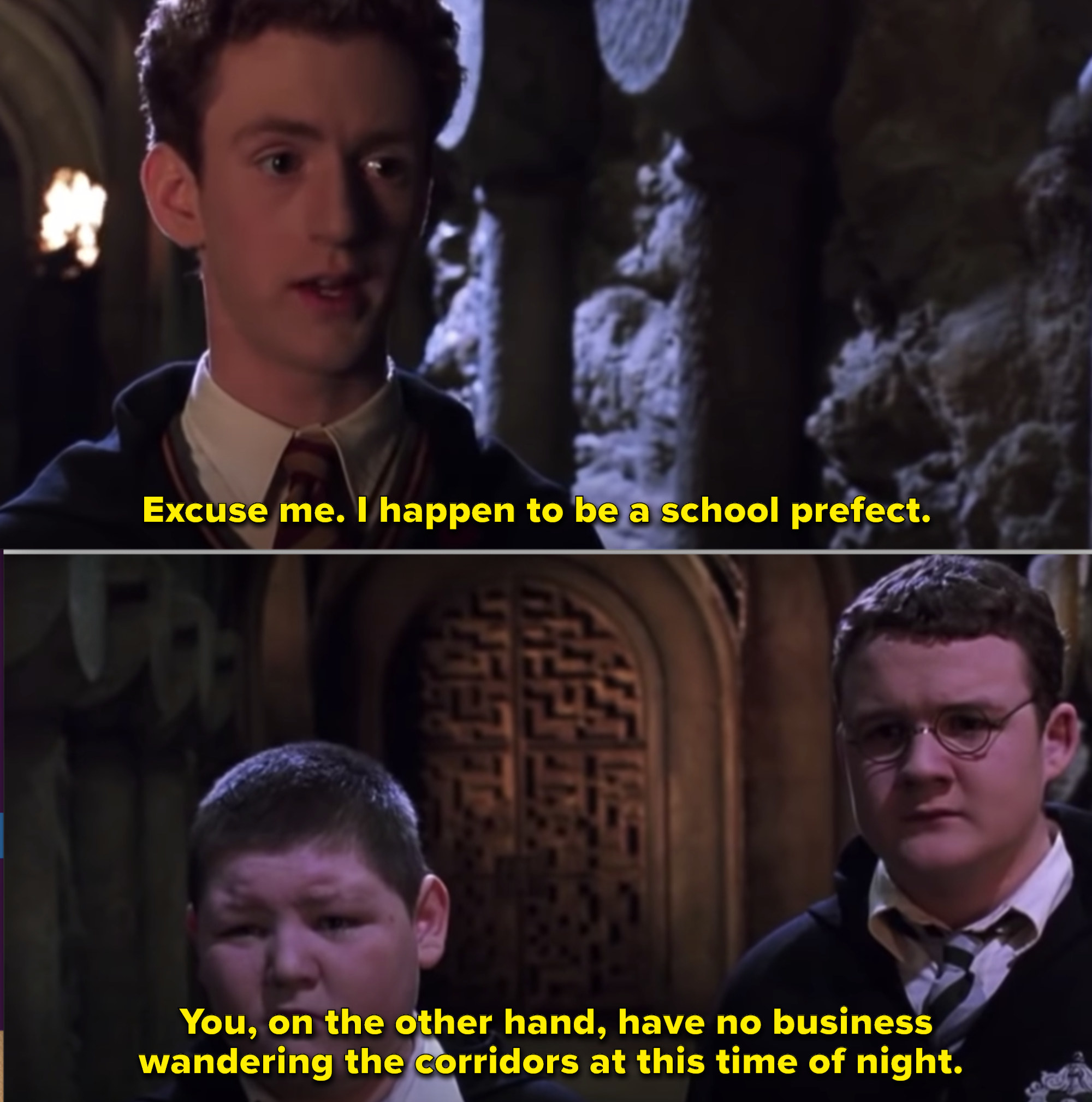 Percy showing his rank in the dungeon at Hogwarts