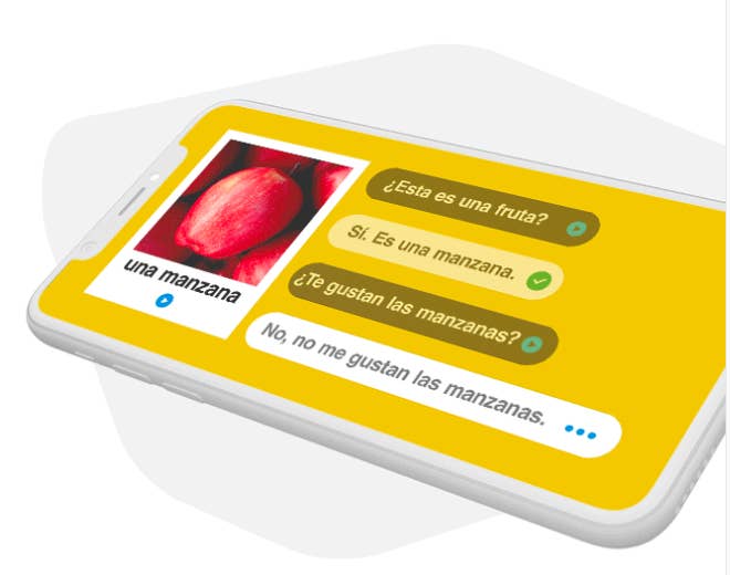 A phone showing the app open to a conversation exercise about apples in Spanish, with an image going along with the vocabulary word