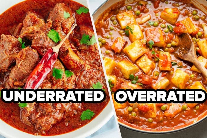 A collage of a bowl of vindaloo and some matar paneer