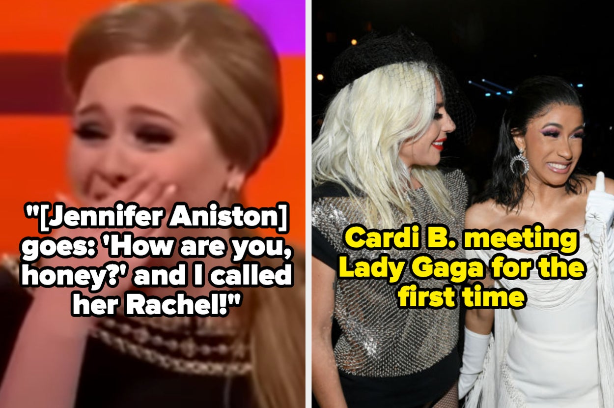 Adele on "The Graham Norton" show, talking about meeting Jennifer Aniston and calling her Rachel; Cardi B. meeting Lady Gaga for the first time at the Grammys
