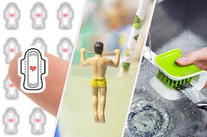 Some period-tracking stickers, a drink marker shaped like a man in a swimsuit, and a u-shaped brush that cleans knives