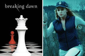 A book cover that says breaking dawn at the top with a chess piece underneath it. On the right a woman is running. She wears a baseball cap over her long hair, and a vest over a long sleeve shirt