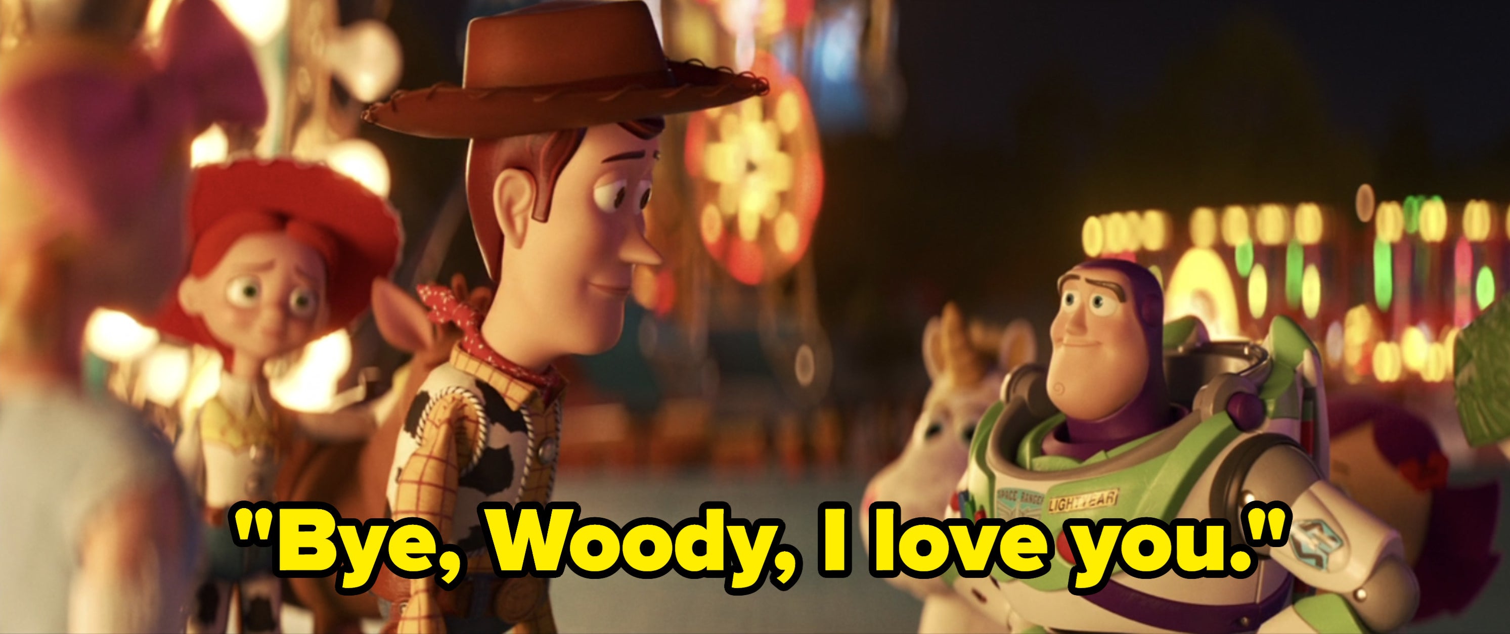 Woody and Buzz say goodbye, with caption &quot;Bye, Woody, I love you.&quot; 