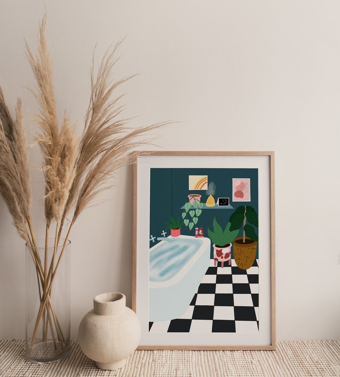 Bathroom illustration with grid tile, plants, and a big bath tub 