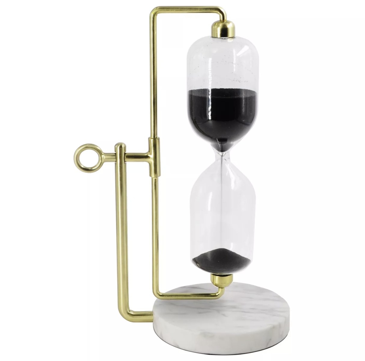 Gold-rimmed decorative hourglass on marble base 