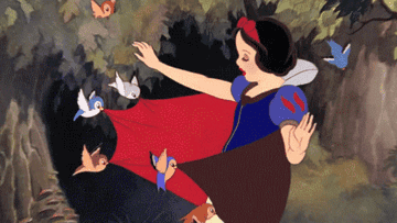 gif of snow white being guided by many little birds with her cape in their beaks
