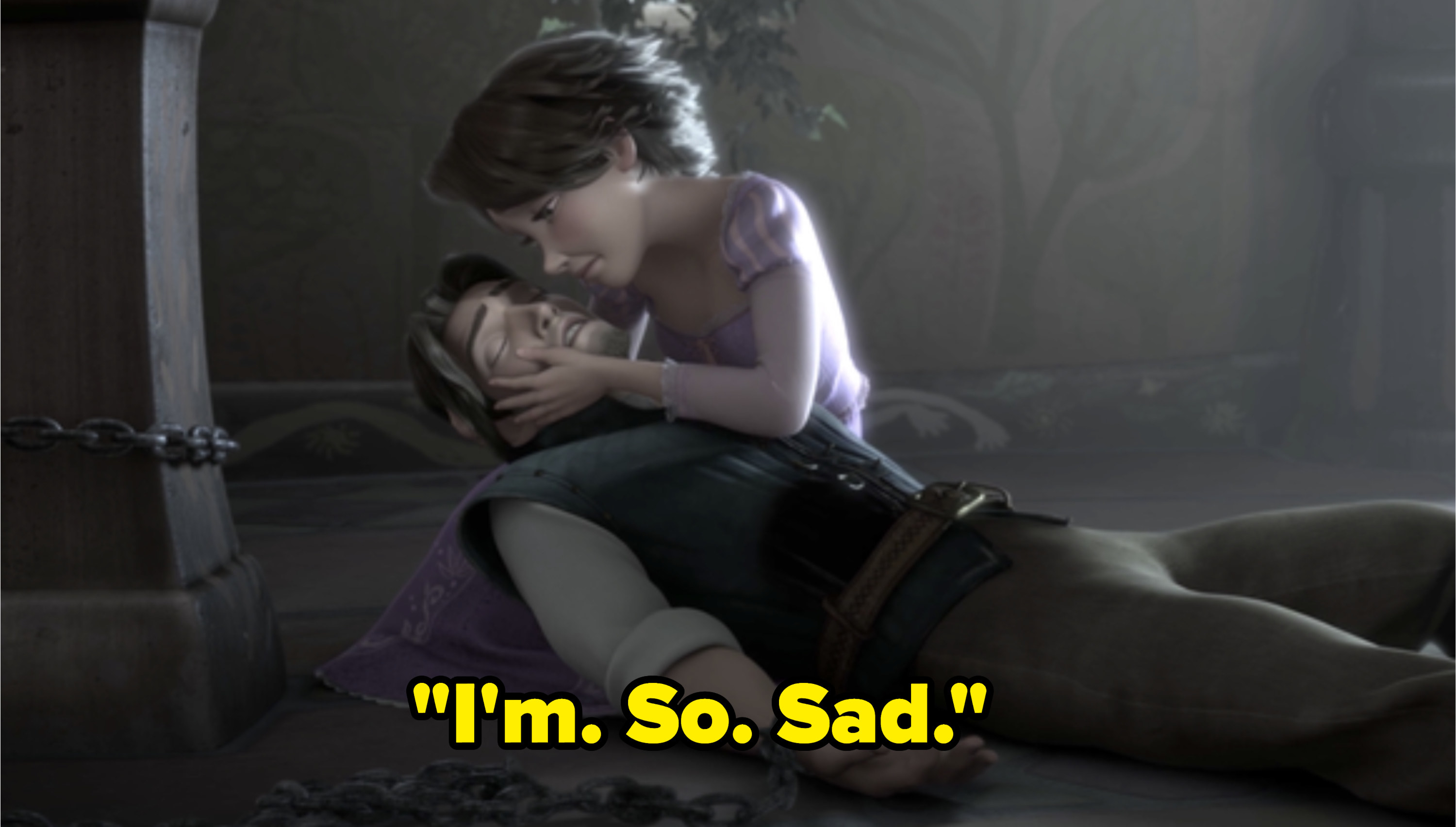 Flynn &quot;dying&quot; in Tangled with the caption &quot;I&#x27;m So Sad&quot;