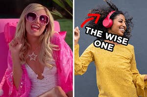 On the left, Ashley Tisdale sings "Fabulous" as Sharpay in "High School Musical 2," and on the right, someone dances with headpones on and an arrow points to them and "the wise one" is typed underneath their face