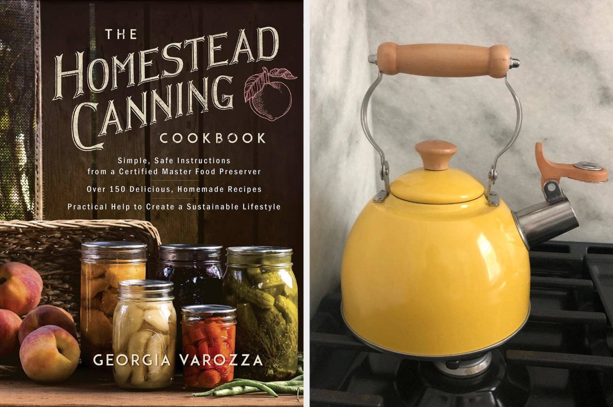on the left the homestead canning cookbook, on the right a reviewer's yellow tea kettle