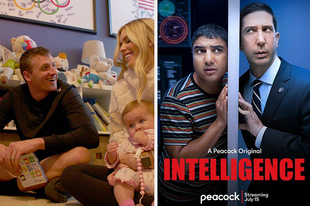to the left: ryan lochte and his wife, to the right: the poster for peacock's