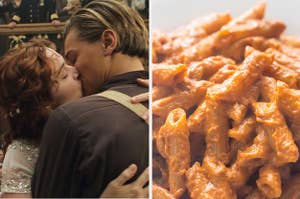 Jack and Rose from Titanic kissing on the left, and some penne pasta with vodka sauce on the left