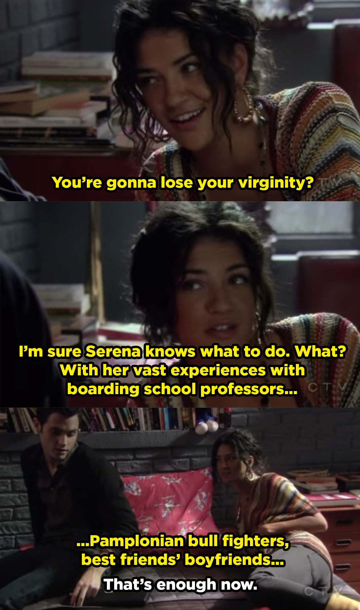 Vanessa slut-shaming Serena saying she probably has a lot of experience from hooking up with professors and her best friends' boyfriends.