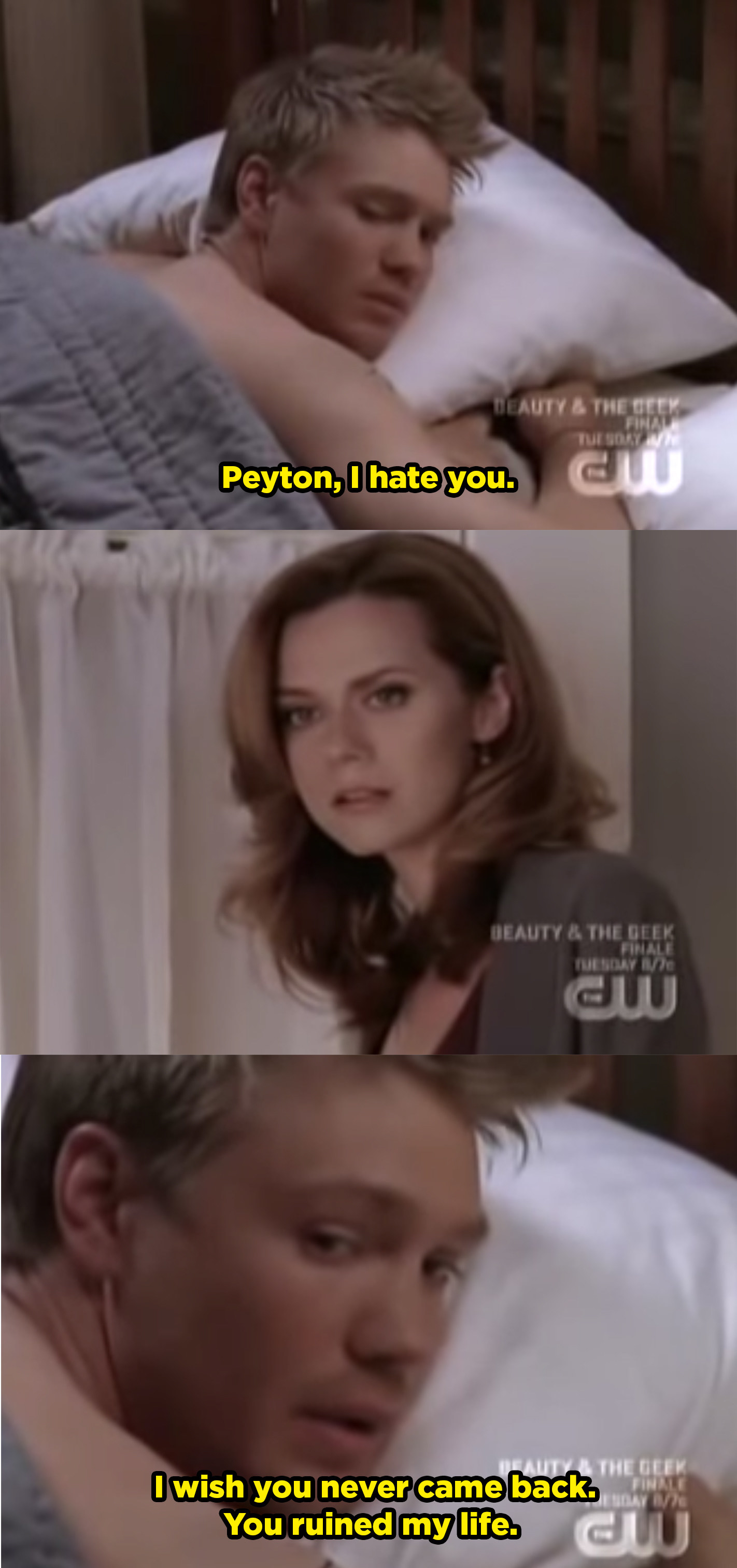 Lucas tells Peyton he hates her and that she ruined his life. 