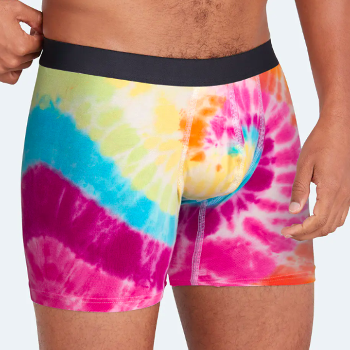 A model wearing tie-dye boxer briefs