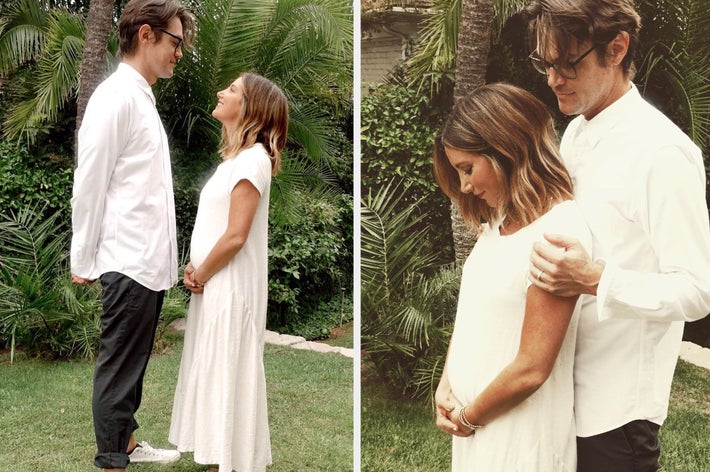 Christopher French and Ashley Tisdale posing for their pregnancy announcement