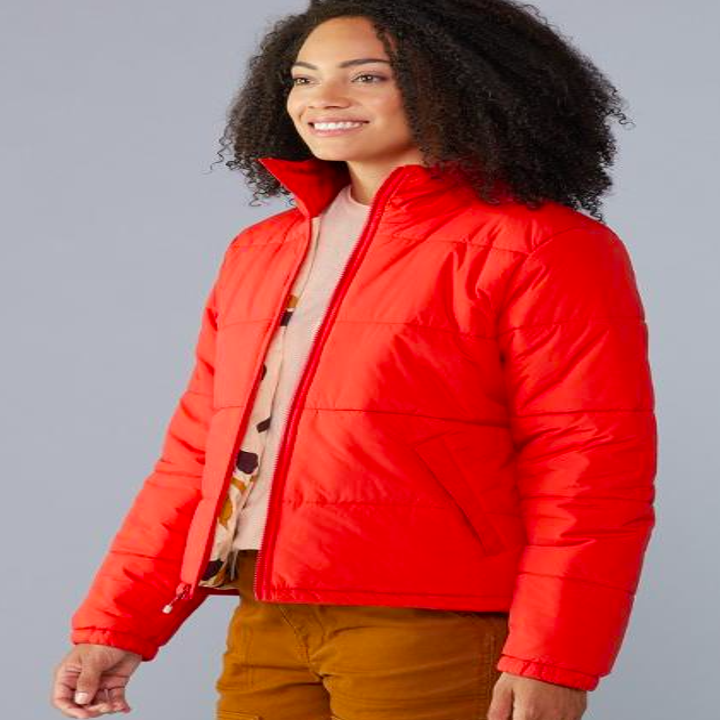 Model in a red puffy jacket
