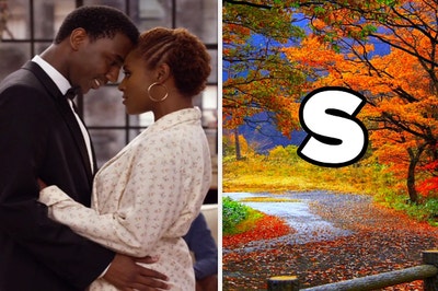 A couple is looking into each others' eyes. On the right is an image of trees with leaves falling off of them, and the letter S is overlaid on the photo