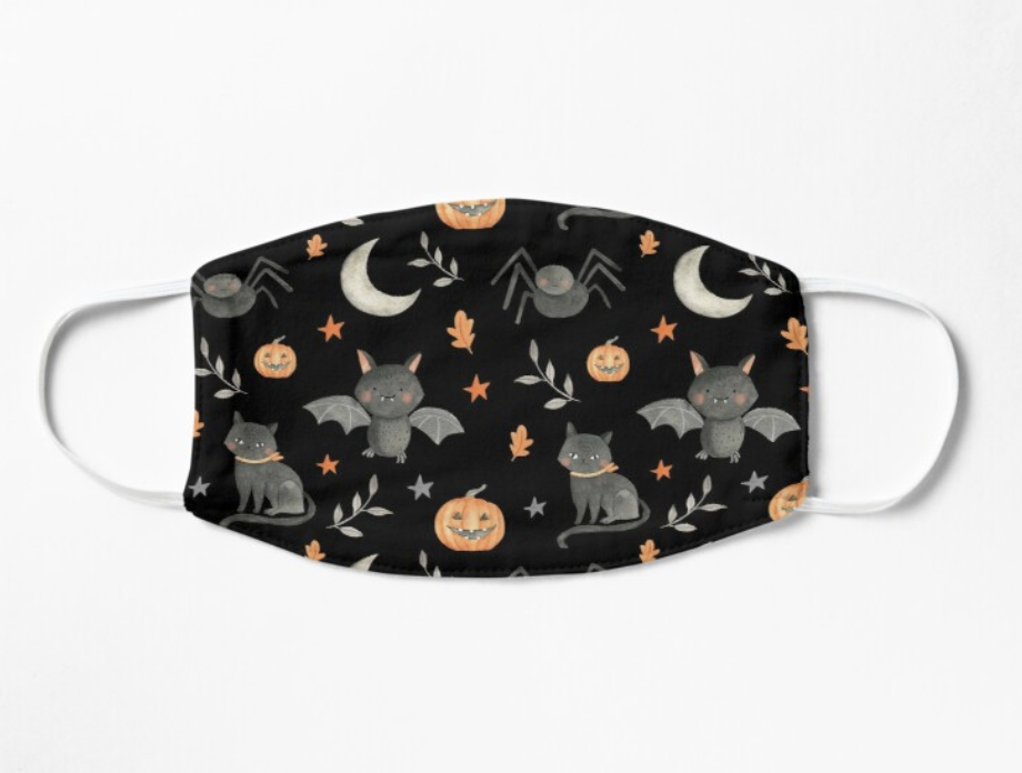 Black mask with cartoon bats, cats, spiders, pumpkins, moons, and leaves 