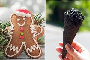 On the left, a gingerbread man, and on the right, someone holds a charcoal ice cream cone