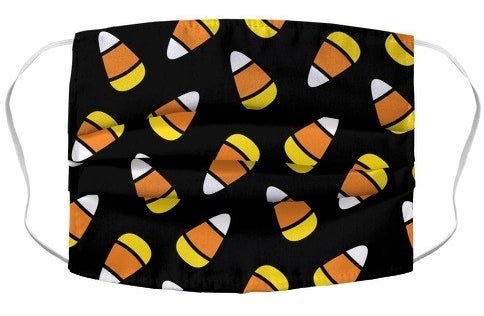 black face mask with cartoon candy corn print