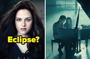 The Twilight Eclipse album cover next to an image of Bella and Edward playing the piano