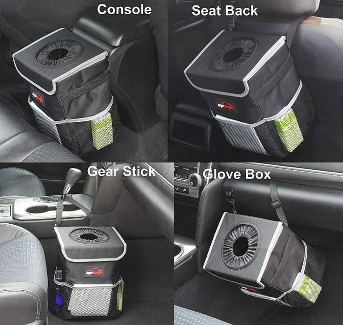 Four pictures showing a small fabric trash can hanging from a car console, a headrest, a gear stick and a glove box