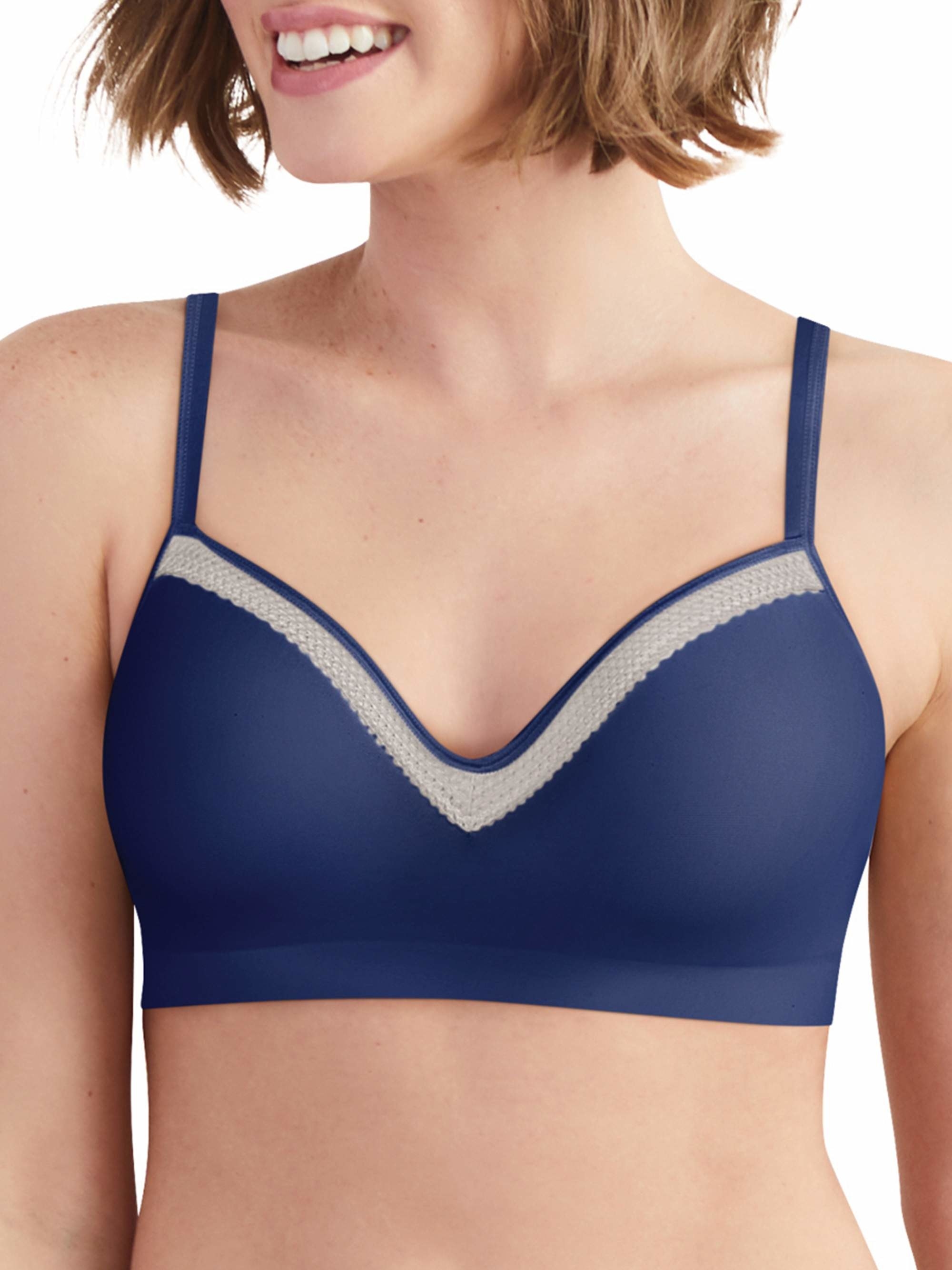 Model wearing the blue bra
