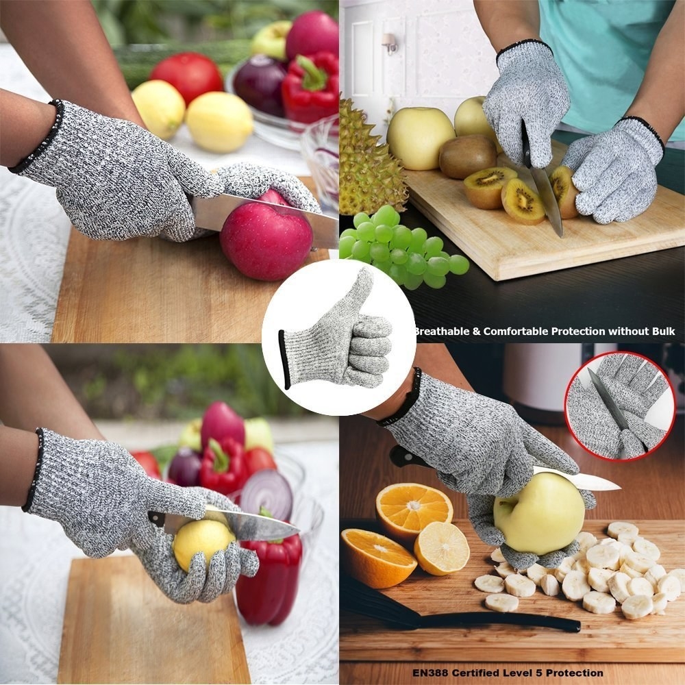 A four image grid of a person cutting different fruits and vegetable while wearing the cut-proof gloves.