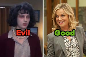 An image of Orin with the word evil written on it next to an image of Leslie Knope with the word good written over it