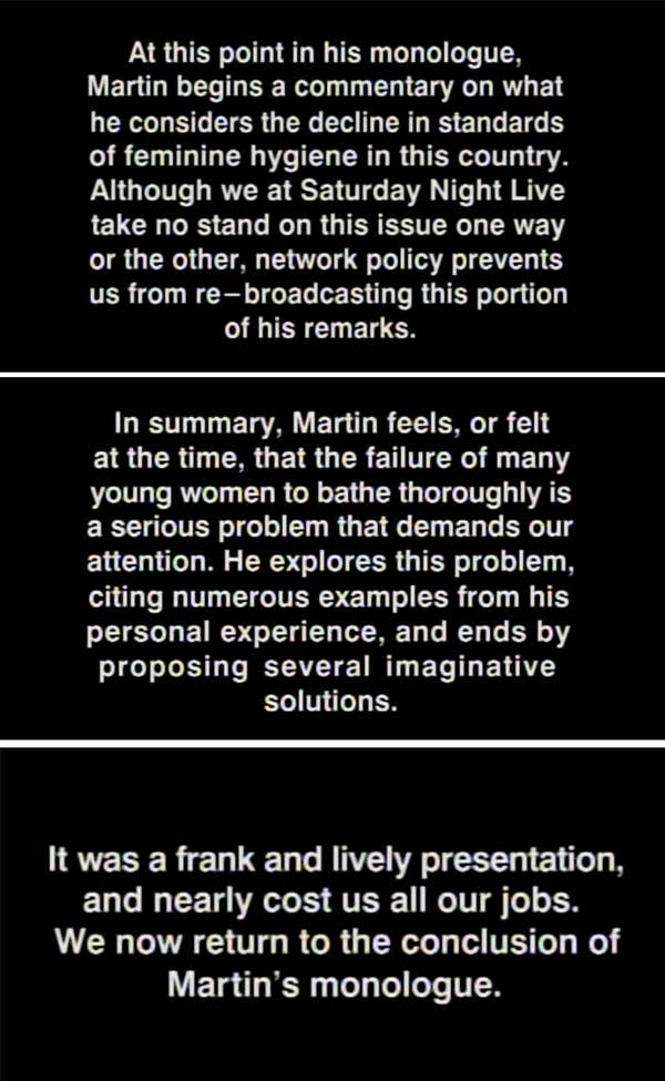 The graphic explaining Martin&#x27;s commentary on women not bathing enough, his personal stories, and that SNL takes no stance on the issue.