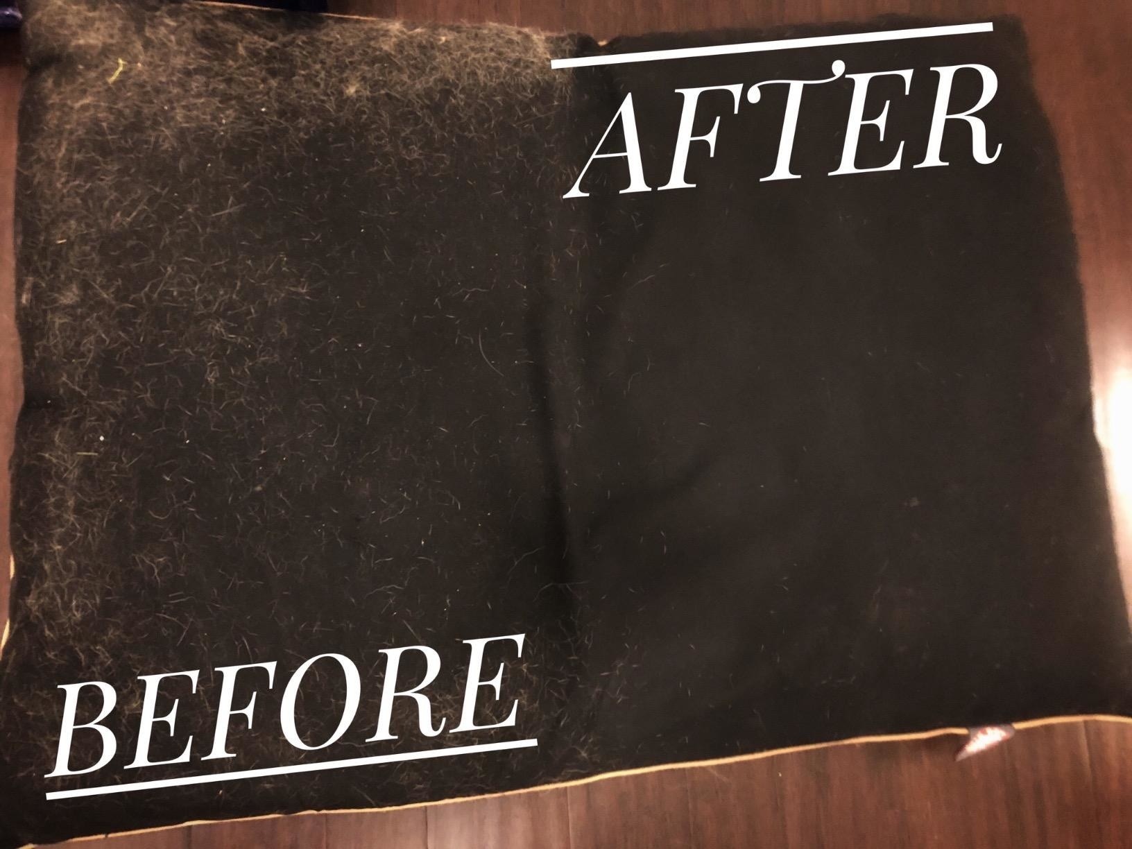 Reviewer photo of a black pillow covered in white dog hair on one side before brushing, and free of hair on the other