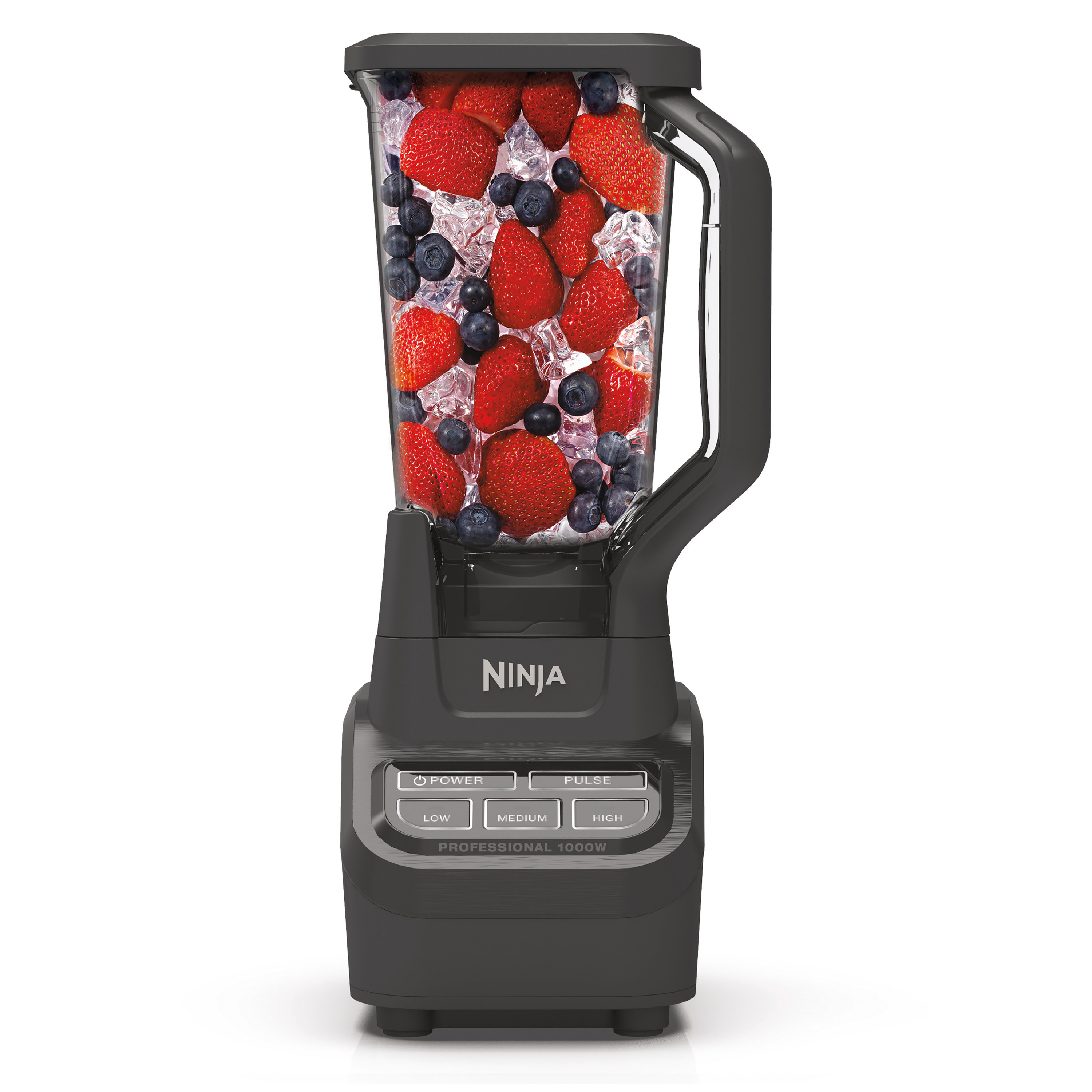 ninja blender with ice and berries in it