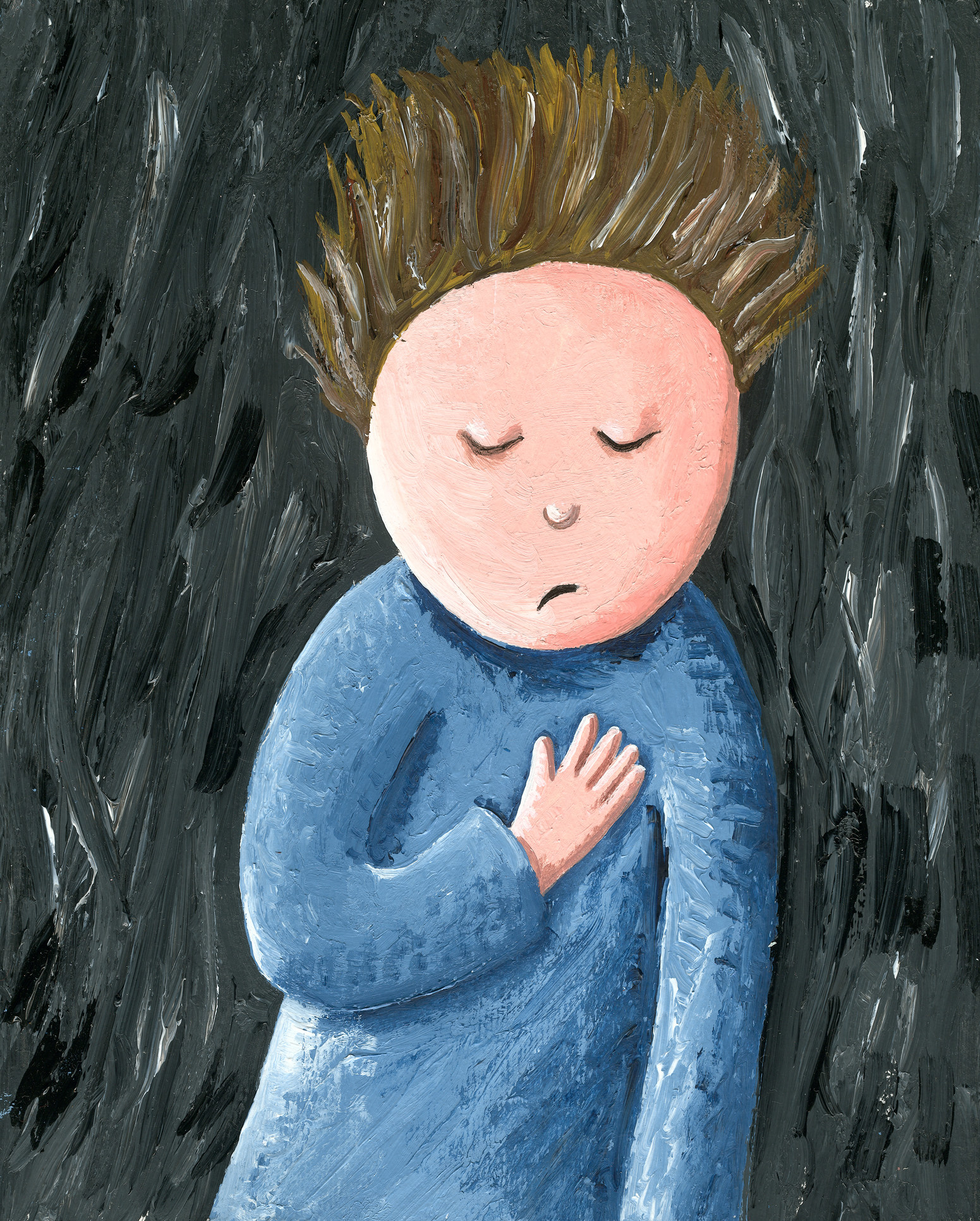 Acrylic illustration of the sad, lonely, unhappy, disappointed child with emotional stress and pain