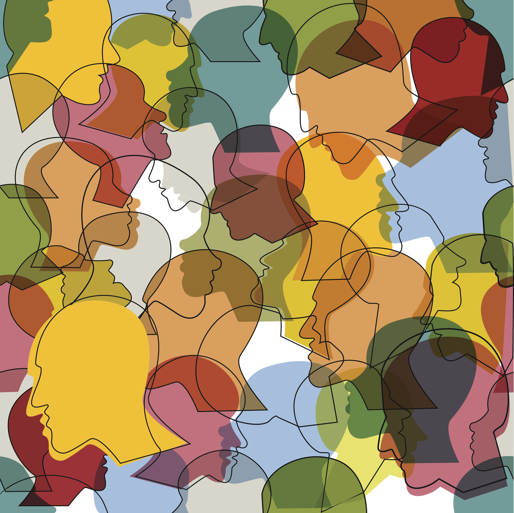 Seamless pattern of a crowd of many different people profile heads. Vector background