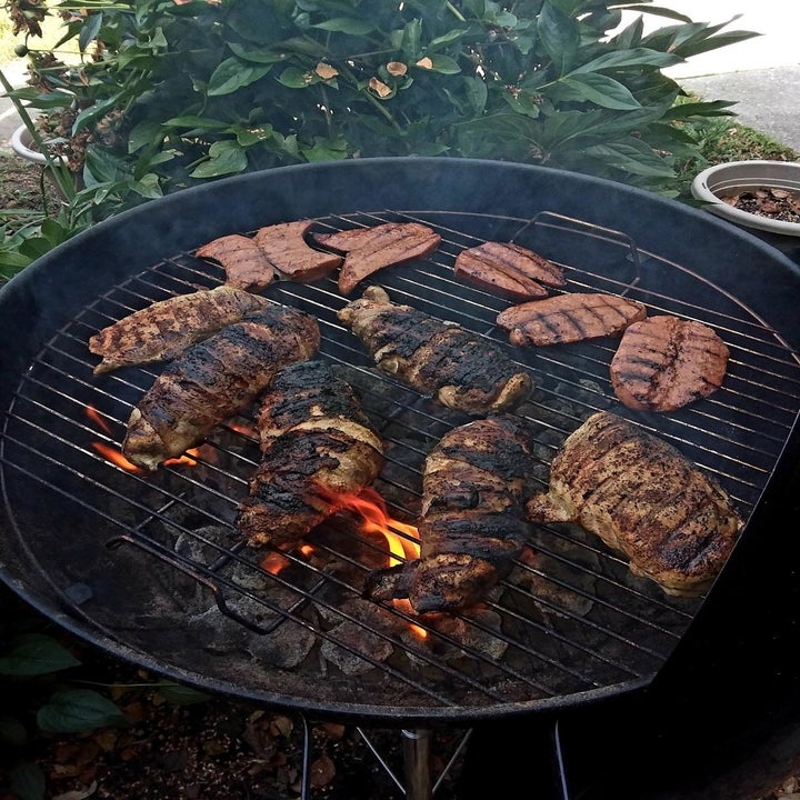 Burgers and hotdogs on the Weber grill.