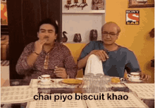 A GIF from a popular Indian TV show in which the protagonist is saying, &quot;chai piyo, biscuit khao.&quot; (drink tea, eat biscuits)