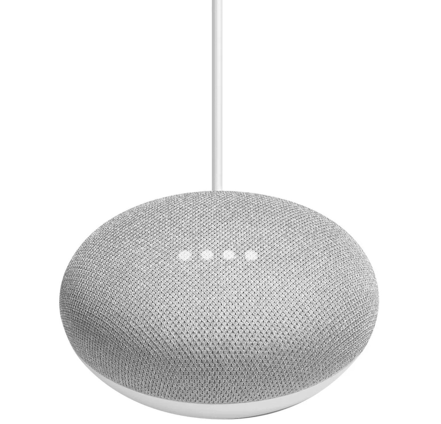 A grey Google Home Mini with 4 LED lights lit up in the center