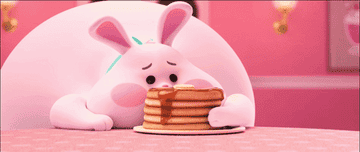 An animated bunny eating an entire stack of pancakes.