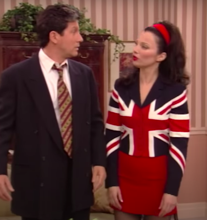 Fran Fine wearing a matching outfit of an English flag.