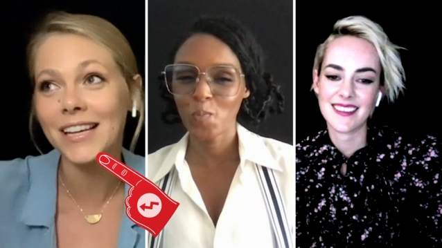 A screenshot of Lily Cowles, Janelle Monáe, and Jena Malone playing Who&#x27;s Who