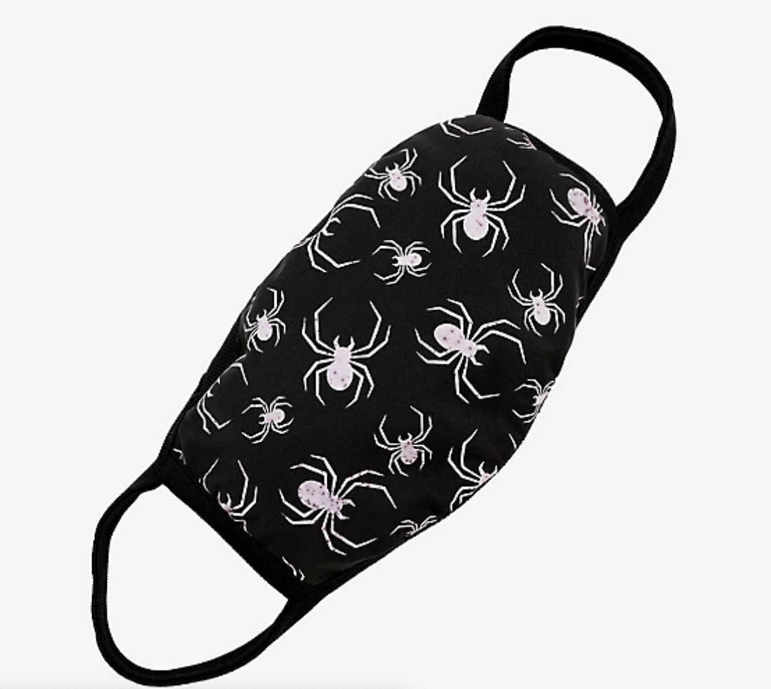 Black face mask with white spiders on it 