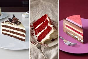 On the left, a slice of chocolate cake, in the middle, a slice of red velvet cake, and on the right, a slice of raspberry mousse cake