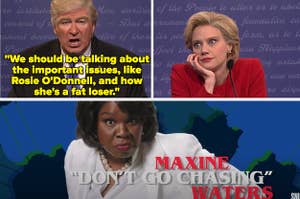 Alec Baldwin as Donald Trump, Kate McKinnon as Hillary Clinton, and Leslie Jones as Maxine Waters on "Saturday Night Live"