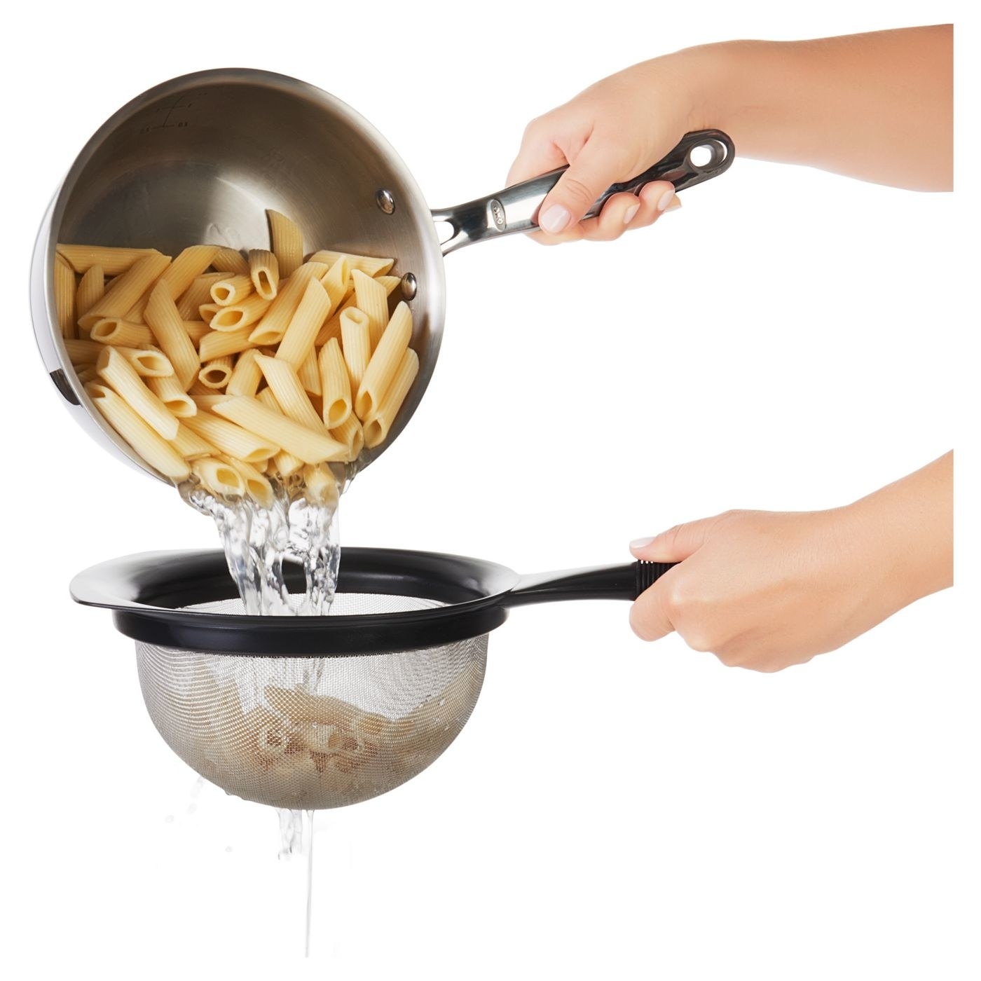 person using strainer to drain pasta water