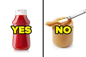 A bottle of ketchup with "yes" and a jar of peanut butter with "no"