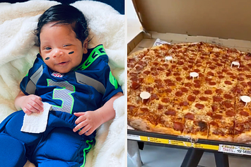 Ciara and Russ Wilson's son win in a football uniform side by side with a giant pizza