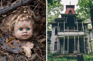 A creepy doll head found in a forest, covered in leaves and dirt on the left, and an abandoned scary mansion on the right that's falling apart