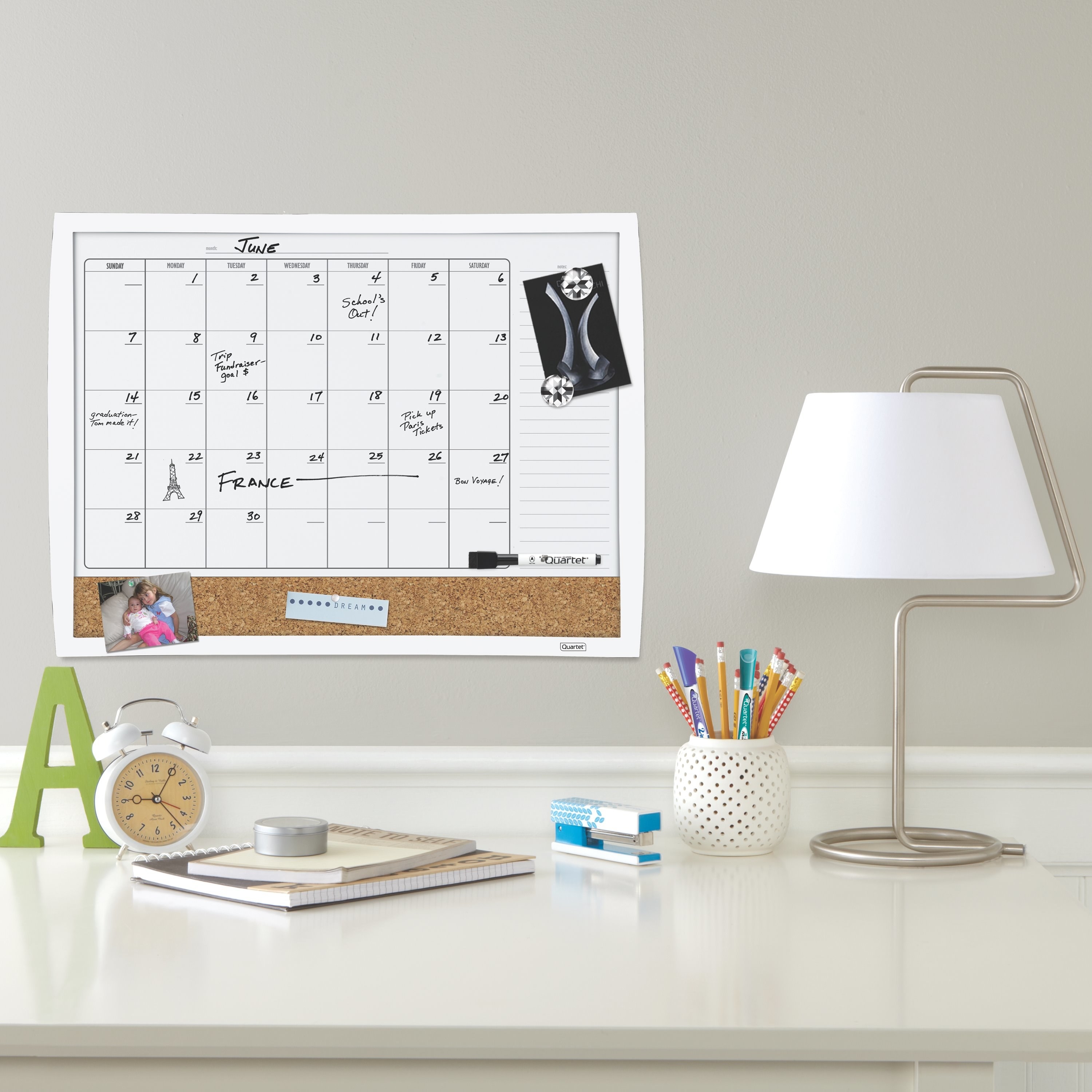 Black and white dry erase calendar with cork board